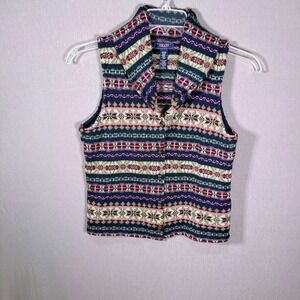 Chaps Womens Fair Isle Sweater Vest Navy Shawl Collar Size M Eclectic Grannycore